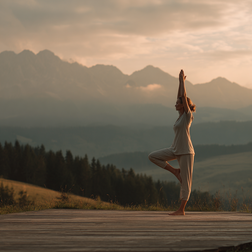 Жінка практикує йогу на світанку